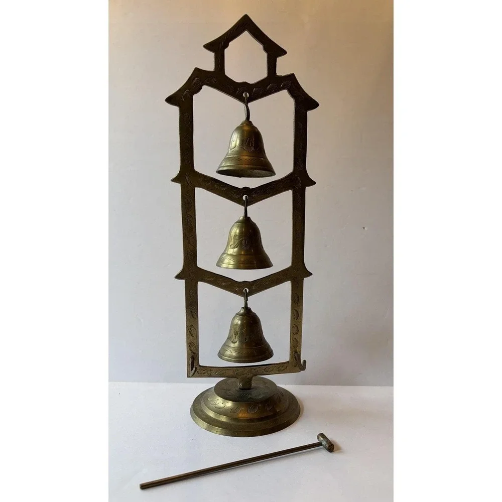 Vintage Brass Bell Tree 3 Etched Bells Stand Striker India Meditation Boho